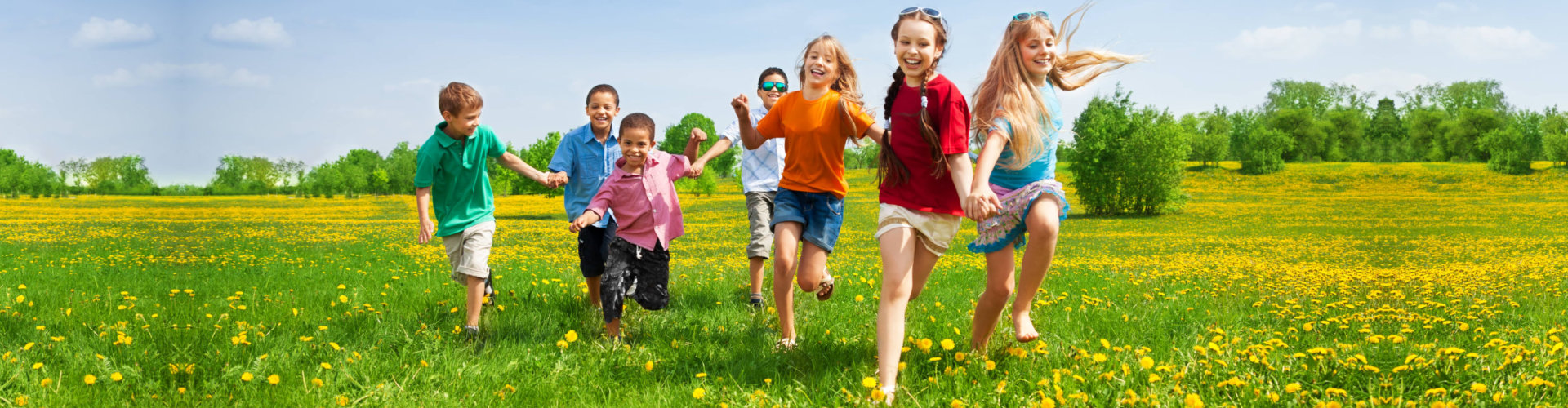  Large group of kids running in the dandelion spring field